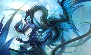Un Dragon Médian de type rivière affrontant une "Bête"